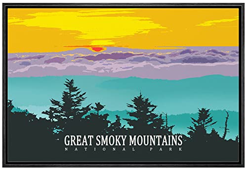 wall26 Framed Canvas Print Wall Art Great Smoky Mountains National Park Nature Wilderness Illustrations Modern Art Rustic Landscape Rustic Neon for Living Room, Bedroom, Office – 16×24 Black