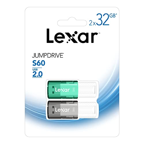 Lexar® JumpDrive® S60 USB 2.0 Flash Drives, 32GB, Black/Teal, Pack Of 2 Flash Drives, LJDS60-32GB2NNU
