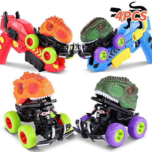 FiGoal 2 Pack Dinosaur Cars with Toy Gun Ejecting Friction Powered Dino Car Transforming Dinosaur Toys Car Gifts for Boys Girls Toddlers Classroom Prize Gifts