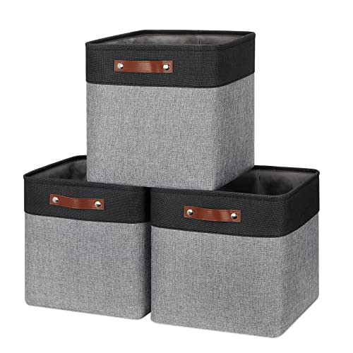 HNZIGE Storage Foldable Baskets Cubes Set(3 Pack) Fabric Bins for Shelves,13 Inch Storage Basket for Organizing with Leather Handles for Home, Toys, Clothes, Kids Room, Closet Storage(Black&White)