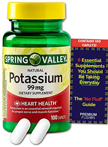 Potassium Supplement 99 mg Caplets – 3+ Month Supply (100 Caplets) – Heart, Nerve & Muscle Function from Spring Valley + Vitamin Pouch and Guide to Supplements