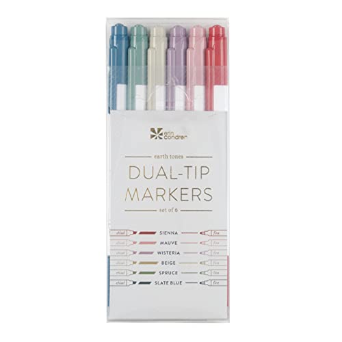 Erin Condren 6-Pack Dual-Tip Marker Set – Earth Tones. Focused Collection. Fine Tip and Medium Tip. Writing and Drawing Markers. Sienna, Mauve, Wisteria, Beige, Spruce, and Slate Blue Colors