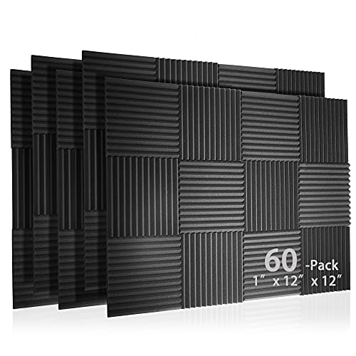 60 Pack Acoustic Panel Polyurethane Foam Sound Proof Acoustic Treatment Room Kit for Absorbing Sound on Walls, 1″ X 12″ X 12″ Sound-proof Material for Home Studio Ceiling (60 PACK) (60PCS)