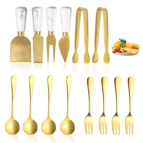 Funland 14 PCs Gold Cheese Knife Set, Marble Cheese Spreaders Knife Butter Slicer with Mini Serving Tongs Spoons and Fruit Forks for Charcuterie Board Accessories