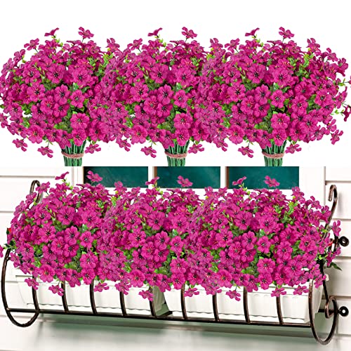 Gorgeoos 8 Bundles Artificial Flowers for Outdoors Fake Plants No Fade Faux Outside Greenery Boxwood Plastic Shrubs Silk Flowers for Home Garden Window Box Porch Patio Decoration (Fuchsia)