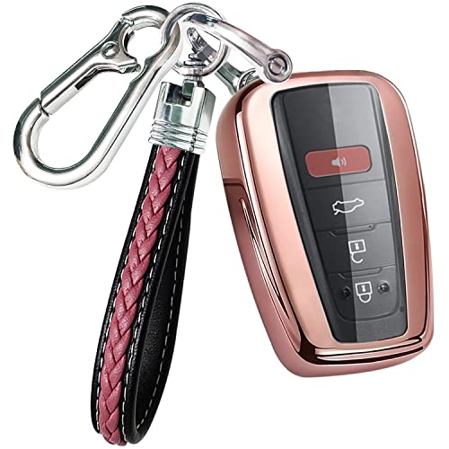 for Toyota Key Fob Cover with Keychain Premium Soft TPU Full Protection Key Fob Case for 2018-2022 Toyota Camry RAV4 Highlander Avalon C-HR Prius Corolla GT86 Smart Key Accessories (Rose Gold)