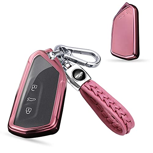 SANRILY Full Protector Plating Key Fob Cover for VW Golf 8(id.4/id.3) 2021 2020 Mk8 Seat Leon 4 KL Skoda 3 Soft TPU Pink Key Case Shell with Keychain-Keyless