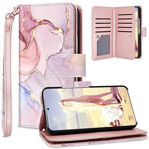 Fingic Samsung Galaxy S22 Case, Galaxy S22 Case Wallet, Rose Gold Marble 9 Card Holder PU Leather Detachable Wrist Strap Wallet Case for Women Cover for Samsung Galaxy S22 5G (6.1 inch), Rose Gold
