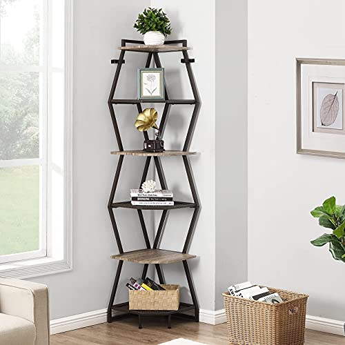 OIOG 75 Inch Tall Corner Bookcase, Industrial Corner Ladder Shelf, Modern Corner Bookshelf for Living Room, Bedroom and Kitchen (Gray)