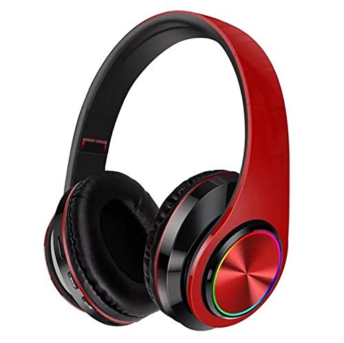 TPSKY Bluetooth Headphones Over Ear Headphones with Deep Bass LED Foldable Stereo Headphones for Smart Phone/TV/PC (Red/Black)