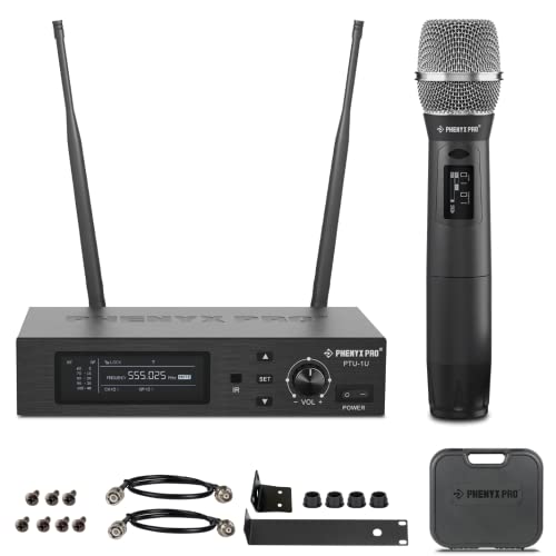 Phenyx Pro True Diversity Wireless Microphone System w/ 1000 Tunable Channels, Single Cordless Microphone Set w/Auto Scan, UHF Professional Dynamic Microphone for Singing, Stage & Studio (PTU-1U)
