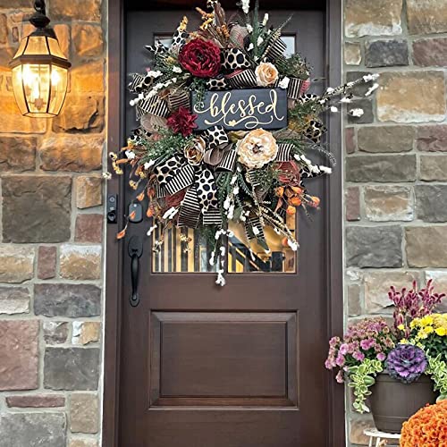18″ Thanksgiving Fall Wreath, Autumn Blessed Letter Card Flowers Ribbon Bow Wreath Holiday for Front Door Hanging Porch Home Window Wall Farmhouse Indoor Outdoor,Colorful