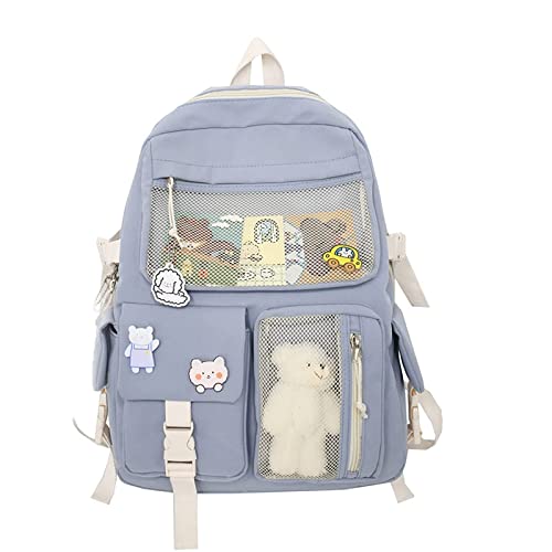 Eagerrich Kawaii Backpack with Cute Pin Accessories Plush Pendant for School Bag Student Girl Backpack Super-Capacity Waterproof Travel Backpack(Blue)