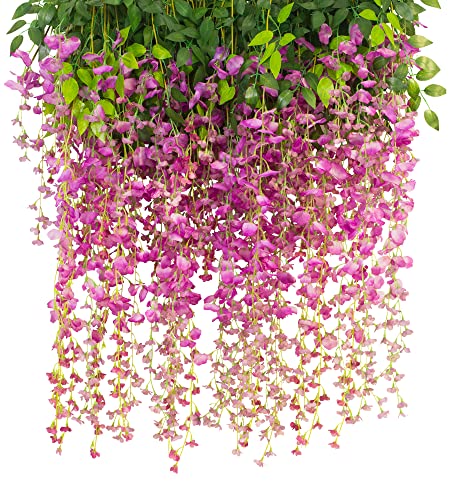 TINGE TIME 12Pcs Wisteria Hanging Flowers Garland Artificial Wisteria Vine Silk Hanging Flower for Home Garden Outdoor Ceremony Wedding Arch Floral Decor (Purple)
