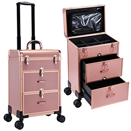 Adazzo Professional Rolling Makeup Train Case with Drawers, Large Cosmetic Trolley with Locks, Cosmetics Storage Organizer Make up Case for Travel Makeup / Nail Art / Hair Styling, Matte Gold