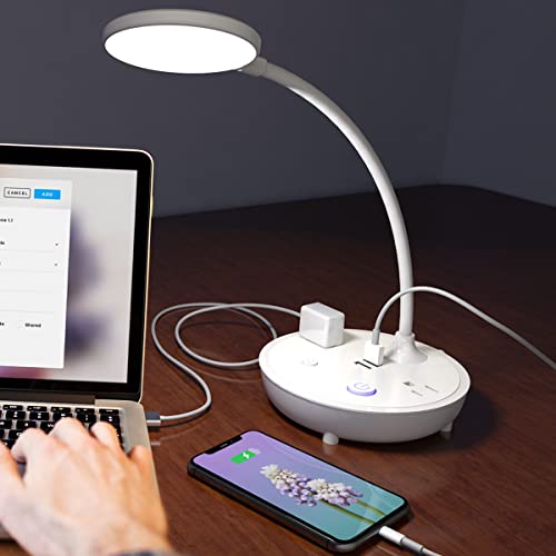 OKOOI White Table Lamps for Office Dual AC Outlet Small Table Lamps with USB Ports Bedside Table Lamps Modern Adjustable Gooseneck Desk lamp Eye Protection LED