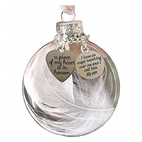 Clear Christmas Ornament Feather Ball, A Piece of My Heart is in Heaven, 3.1”/80mm Round Clear Plastic Ball Ornaments Christmas Tree Memorial Hanging Pendant Gift