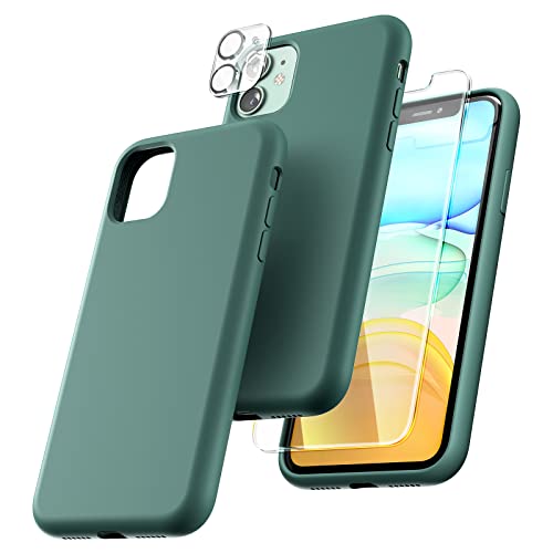 TOCOL [5 in 1 Designed for iPhone 11 Case, with 2 Pack Screen Protector + 2 Pack Camera Lens Protector, Liquid Silicone Slim Shockproof Cover [Anti-Scratch] [Drop Protection], Midnight Green