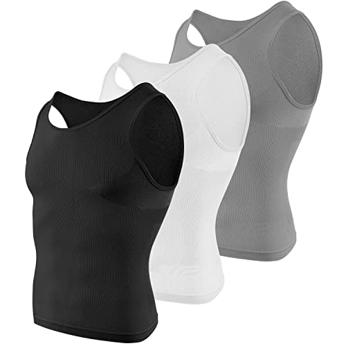 Odoland 3 Pack Mens Compression Shirt Body Shaper Slimming Tummy Vest Muscle Sleeveless Tank Top Workout Base Layer Shapewear, Black/White/Gray, L