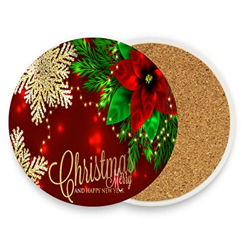 Christmas Poinsettia And Snowflakes Drink Coaster with Cork Base, Round Moisture Absorbent Coasters Set Tabletop Protection Prevent Furniture Damage