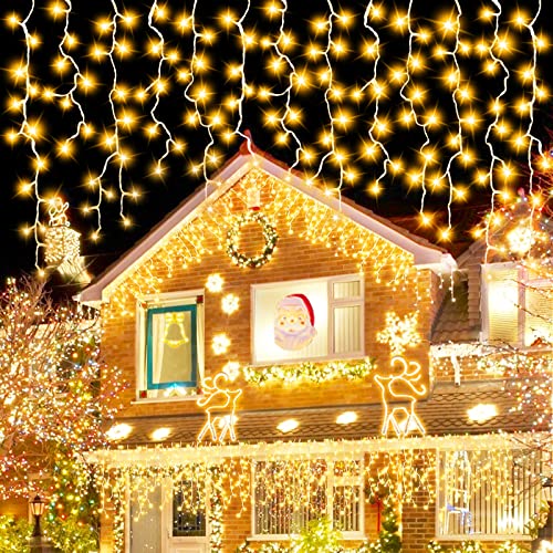 456 LED Christmas Icicle Lights Outdoor Decor 35.4Ft 72 Drops 8 Modes Plug In Window Curtain Fairy String Lights Dripping Icicle Lights Christmas Decoration Home Holiday Indoor Eave Garden(Warm White)