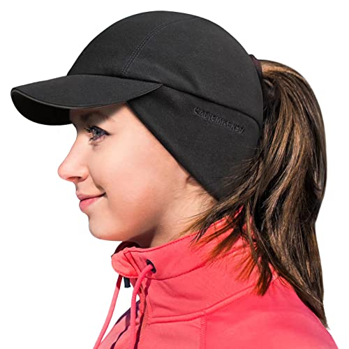 GADIEMKENSD Winter Running Hats Reflective Fleece Ponytail Hat for Women Baseball Caps with Earflap Drop Down Ear Warmer Mens Skull Cap Beanie with Visor Cold Hat for Outdoor Hiking Snow Ski Black