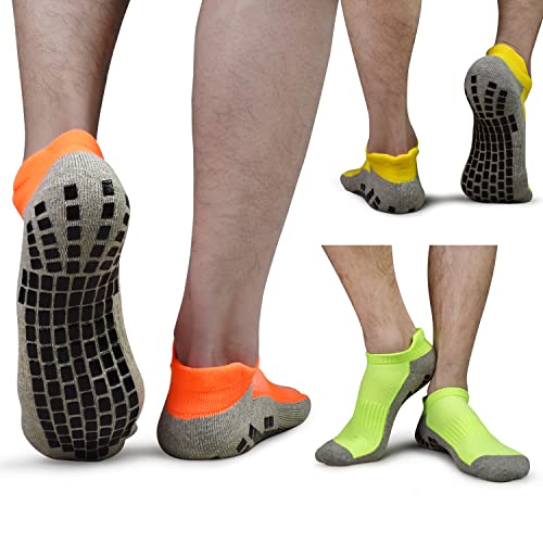 Grip Socks Gift for Men Non Slip Yoga Socks 3 Pairs Sticky Grip Thick Anti-Skid Pilates Socks Hospital Slipper House Socks (04 Yellow+green+orange, 13-15)
