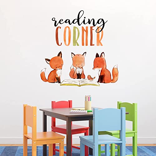 Mfault Foxes Reading Corner Baby Boys Girls Wall Decals Stickers, Removable Woodland Animals Read Books Nursery Playroom Decorations Bedroom Classroom Art, Bird Kids Library Toddler Room Decor