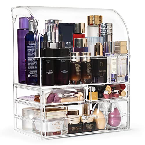 Makeup Organizer, Large Acrylic Skincare Organizer W/ Lid, Dustproof Waterproof Cosmetic Display Case with Drawers for Vanity Bathroom Countertop, Makeup Storage Box for Lipsticks Perfume – Clear