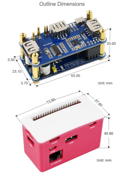 Waveshare PoE Ethernet/USB HUB Box for Raspberry Pi Zero Series 3X USB 2.0 Ports 802.3af-Compliant