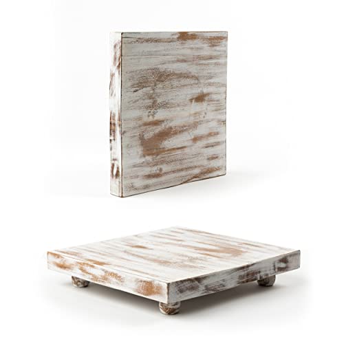 Set of 2 White Decorative Farmhouse Tray Risers with Feet, Square Rustic Wooden Stand and Pedestal, Home Centerpiece Decor