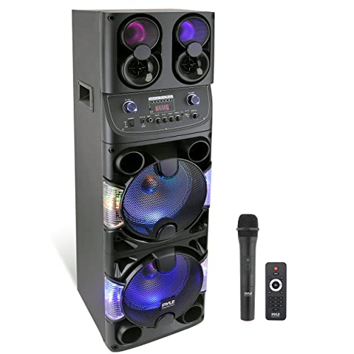 Portable Bluetooth PA Speaker – 600W Dual 10” Rechargeable Indoor/Outdoor BT Karaoke Audio System – Party Lights, LED Display, FM/AUX/MP3/USB/SD, 1/4″ in, Handle, Wheels – Wireless Mic, Remote Control