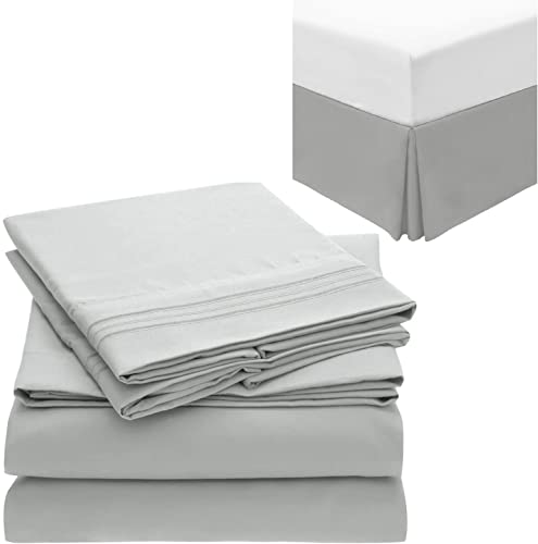 Mellanni King Bed Sheet Set + Bed Skirt Bundle&Save – Hotel Luxury 1800 Bedding Sheets & Pillowcases – Bundle Includes: 4pcs Bed Sheet Set and 15-Inch Drop Pleated Bed Skirt (King, Light Gray)