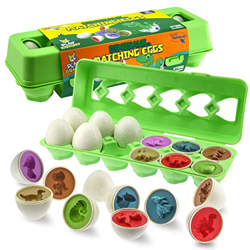 Play Brainy Dinosaur Matching Eggs for Toddlers, 12 Pc. Set, Colorful Early Learning and Educational STEM Fun Teaches Colors and Shapes, Sorting and Fine Motor Skills, Recognition, Easter Gift