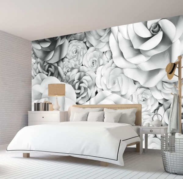 Bormia 3D White Rose Wall Mural Gray and White Wallpaper Decor for Girls Bedroom Living Room