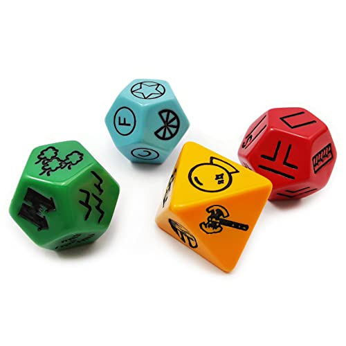 Bescon’s Dungeon and Wilderness Terrain, Dungeon Feature and Treasure Type Dice Set, 4 Piece Proprietary Polyhedral RPG Dice Set, Red, Green, Yellow with Black Print