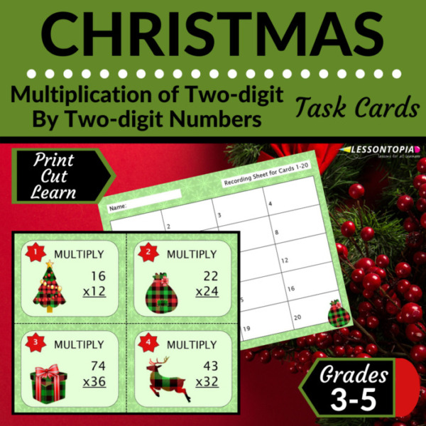 2-Digit By 2-Digit Multiplication | Task Cards | Christmas