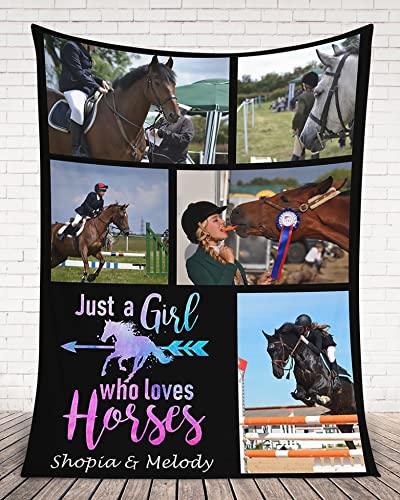 Personalized Horse Gifts for Girls , Just A Girl Who Loves Horses Horse Lover Blanket Throw , Horse Gifts for Women , Photo Blanket Customized Using My Own Photos.