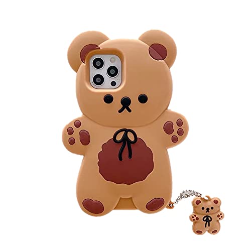 Ultra Thick Soft Silicone Case with Charm Keychain for Apple iPhone 13 Pro Max Teddy Bear 3D Cartoon Brown Color Bow Cute Lovely Fun Adorable Kawaii Kids Girls Boys