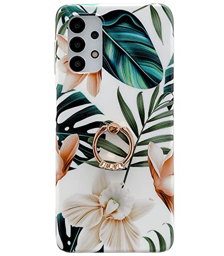 Qokey Compatible for Samsung Galaxy A32 5G Case(Not fit A32 4G), Cute Floral 360° Rotatable Ring Holder Kickstand Soft TPU Shockproof Girls Women Cover Designed for Galaxy A32 5G 6.5″ White Flower