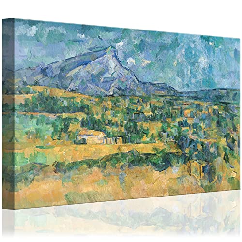 Mont Sainte-Victoire by Paul Cezanne – Large French Post-Impressionist Landscape Stretched Canvas Art Print – With Vibrant Blues, Greens, and Yellows (24″ x 16″)