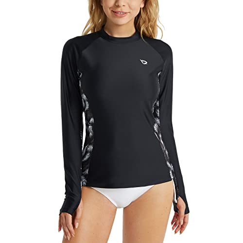 BALEAF Women’s Rash Guard Swimsuit Top Long Sleeve UPF 50+ UV Swim Diving Shirts Printed Black M