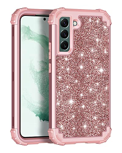LONTECT Compatible with Galaxy S22 Plus 5G Case Glitter Sparkly Bling Shockproof Heavy Duty Hybrid Sturdy High Impact Protective Cover Case for Samsung Galaxy S22 Plus 5G 6.6 2022, Shiny Rose Gold