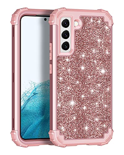 LONTECT Compatible with Galaxy S22 5G Case Glitter Sparkly Bling Shockproof Heavy Duty Hybrid Sturdy High Impact Protective Cover Case for Samsung Galaxy S22 5G 6.1 2022, Shiny Rose Gold