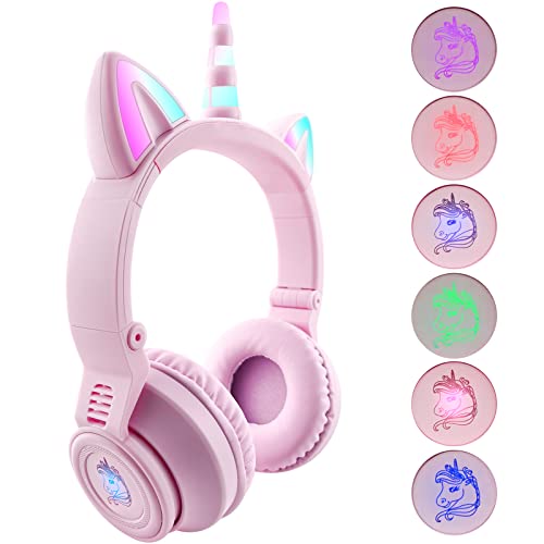 YUSONIC Unicorn Kids Headphones,Unicorn Bluetooth Headphones Foldable for Girls Boys Toddlers Phones ipad/Amazon fire/Tablet,Light Up Kids Wireless Headphone Birthday Gifts (Purple Pink)