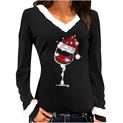 Casual Tunic Top for Women-Merry Christmas Wine Glass Print Sweatshirt Winter Plush Patchwork V-Neck Pullover Top