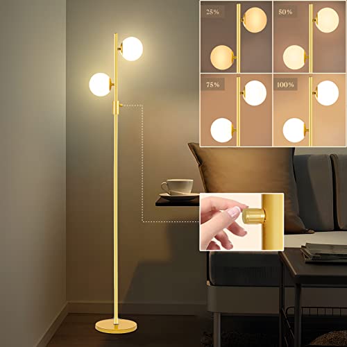 Dimmable Gold Globe Floor Lamp,Mid Century Modern Globe Lamp with 0%-100% Brightness 2pcs G9 LED Bulbs (Included)Plastic Shatterproof Lampshade,Tree Tall Lamps for Bedroom/Living Room/Sofa Corne