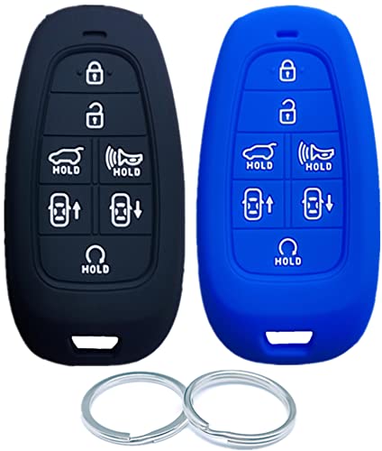 RUNZUIE 2Pcs Silicone 7 Buttons Smart Key Fob Cover Shell Compatible with 2021 2020 2019 Hyundai Sonata Nexo 2022 Hyundai Tucson TQ8-F08-4F28 95440-L1500 (Black and Blue)