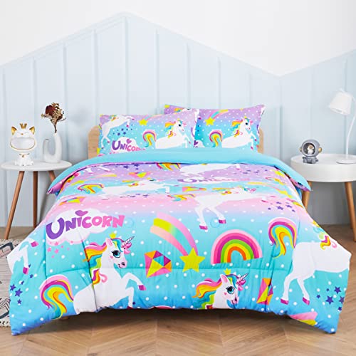 HTgroce Rainbow Unicorn Twin Bedding Sets for Girls Kids,Soft Microfiber Unicorn Bedding Twin for Girls,Twin Comforter Set for Kids,68″x86″(1 Comforter with 1 Pillowcase)