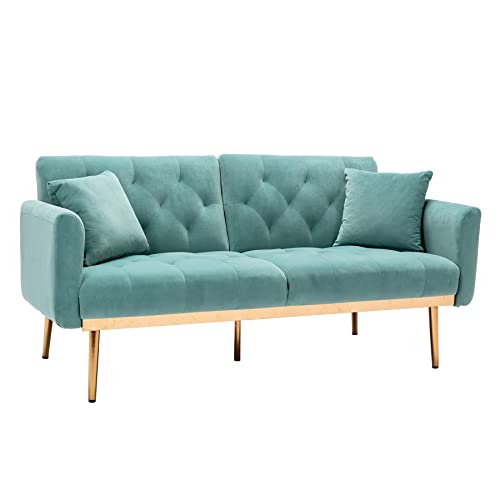 SZLIZCCC 63″ Loveseat Sofa Accent Sofa, Mid Century Modern Velvet Fabric Couch， Convertible Futon Sofa Bed ，Recliner Couch Accent Sofa Loveseat Sofa with Gold Metal Feet (Light Blue)